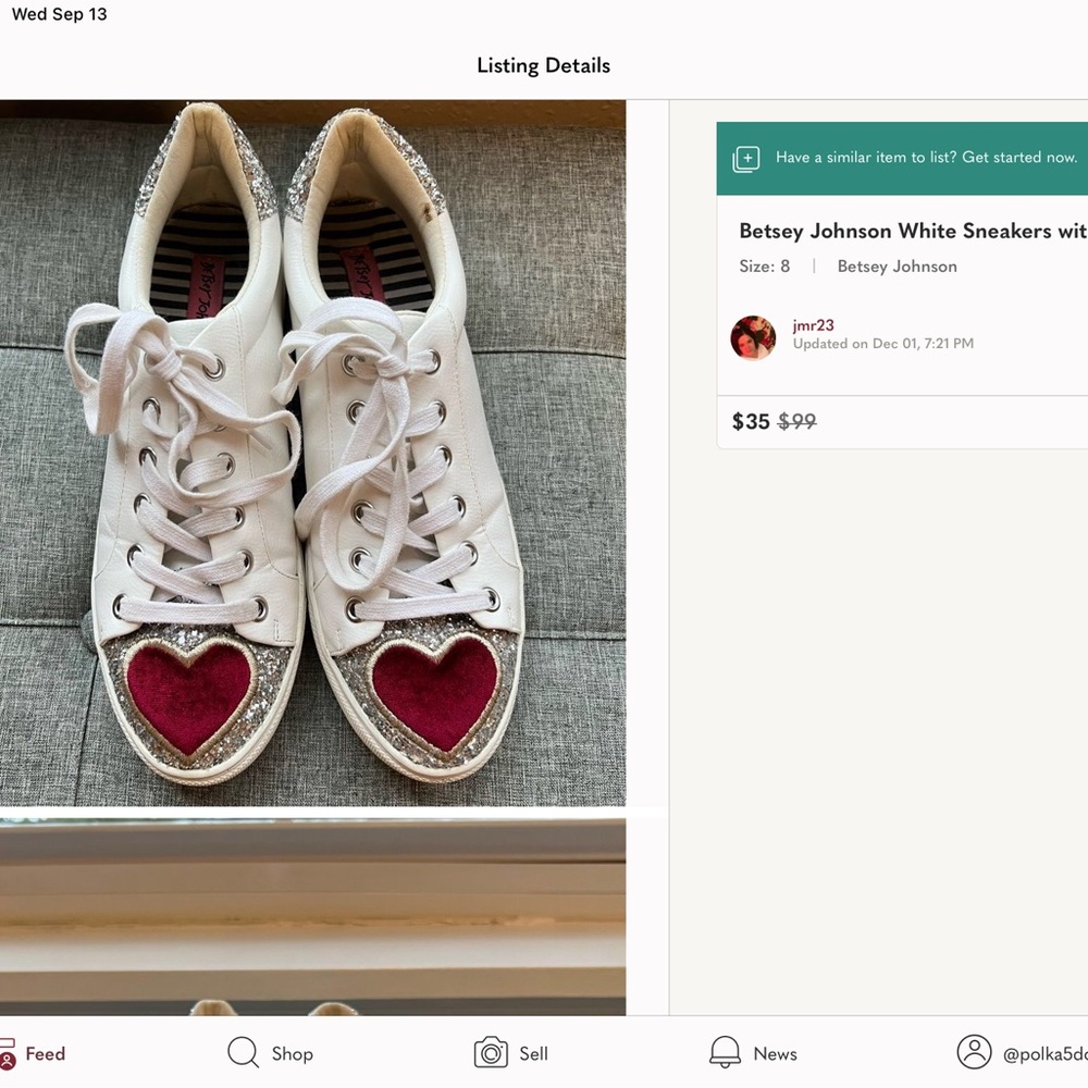 ‘Betsy Johnson’ White w/Red Velvet Hearts/Glitter Lace-Up Sneakers - Picture 8 of 8